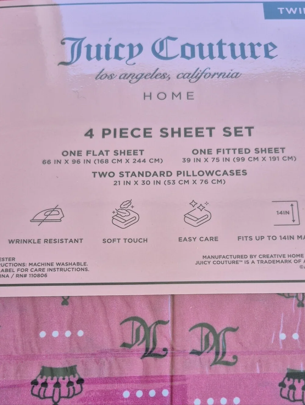 NWT Juicy Couture Twin Sheet Set Pink Gothic JC Logo Crown Tiara 4 PC